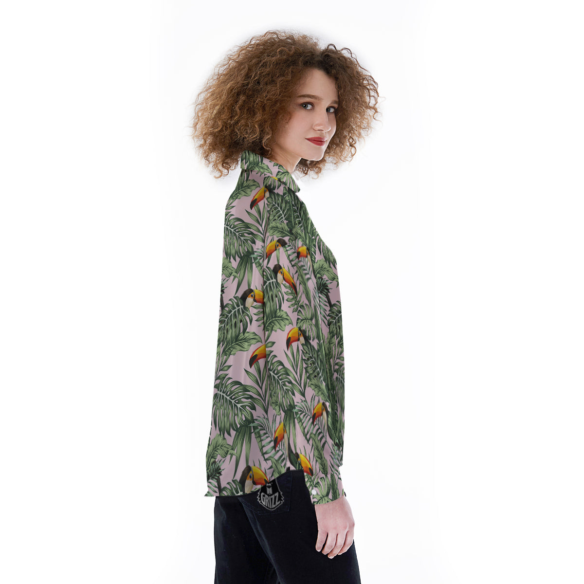 Toucan And Tropical Palm Leaf Print Women's Long Sleeve Shirts-grizzshop