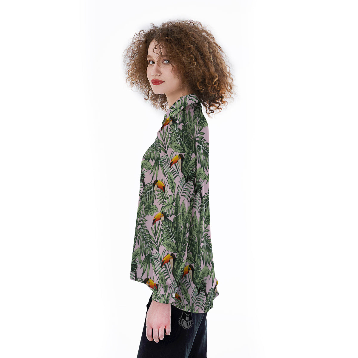 Toucan And Tropical Palm Leaf Print Women's Long Sleeve Shirts-grizzshop