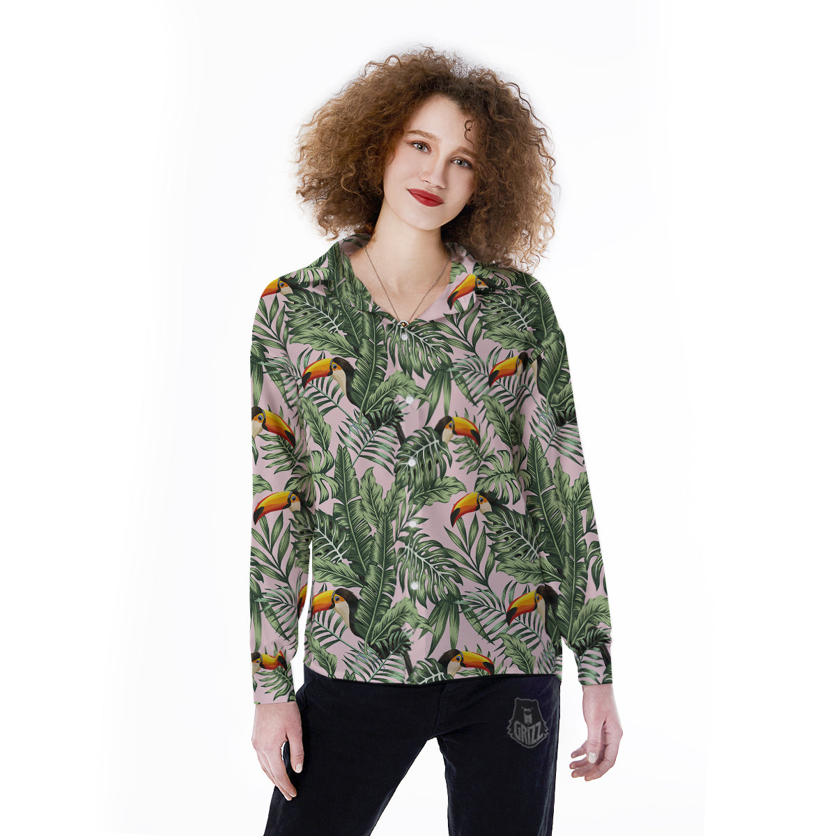 Toucan And Tropical Palm Leaf Print Women's Long Sleeve Shirts-grizzshop