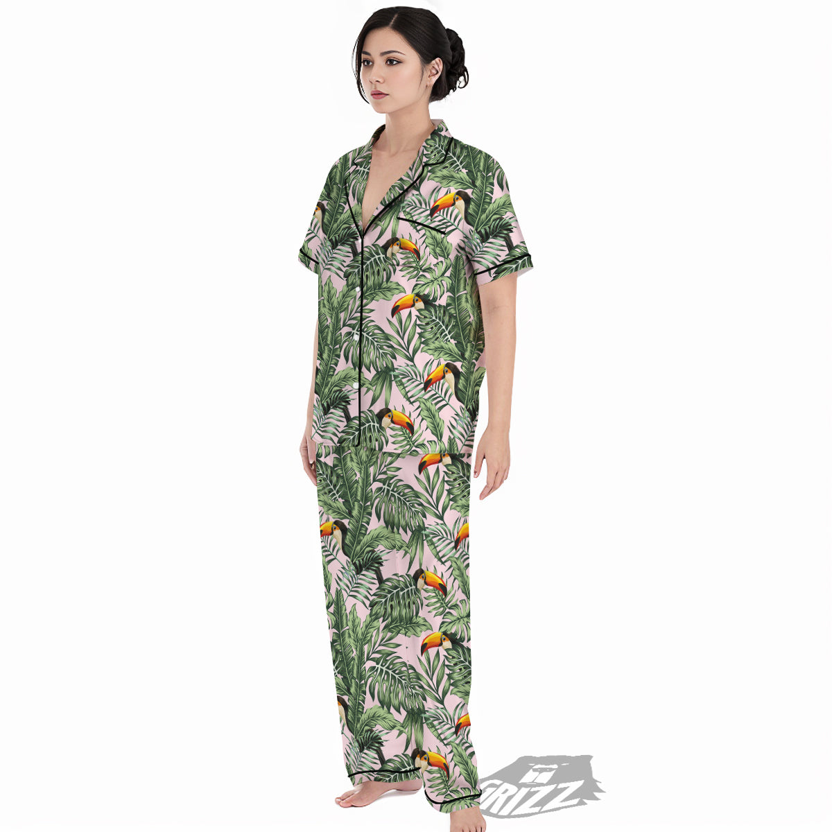 Toucan And Tropical Palm Leaf Print Women's Pajamas Set-grizzshop
