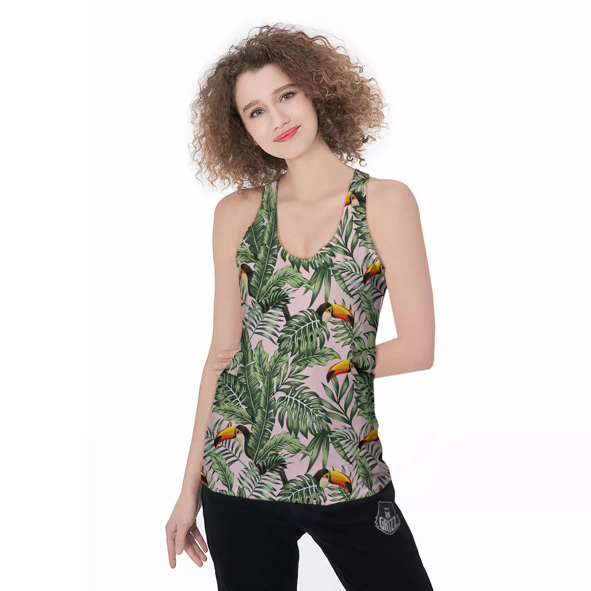 Toucan And Tropical Palm Leaf Print Women's Racerback Tank Top-grizzshop