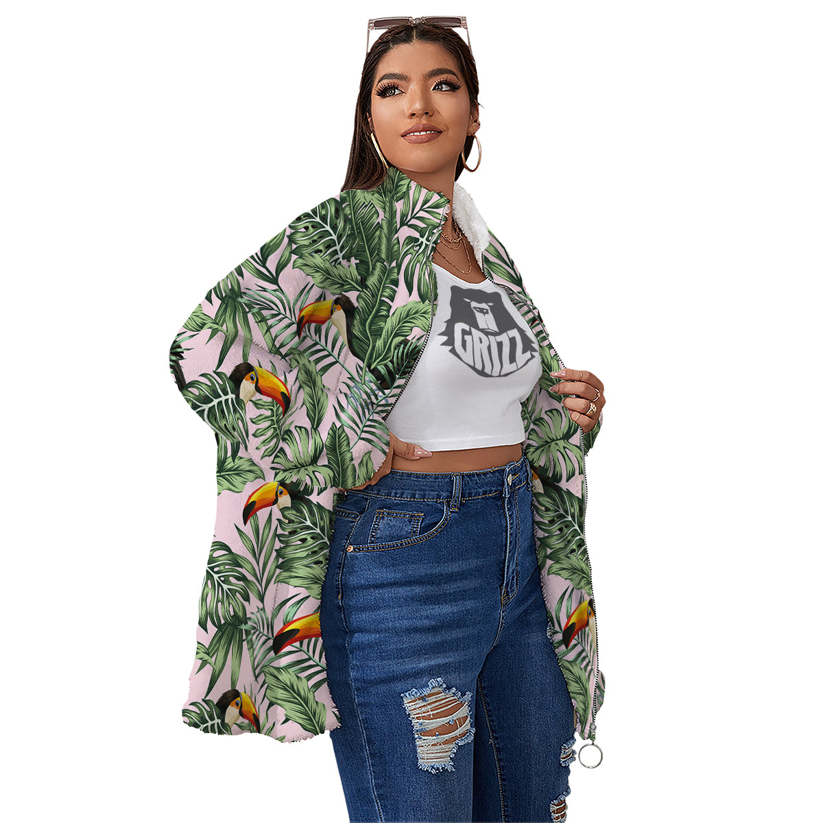 Toucan And Tropical Palm Leaf Print Women's Sherpa Jacket-grizzshop