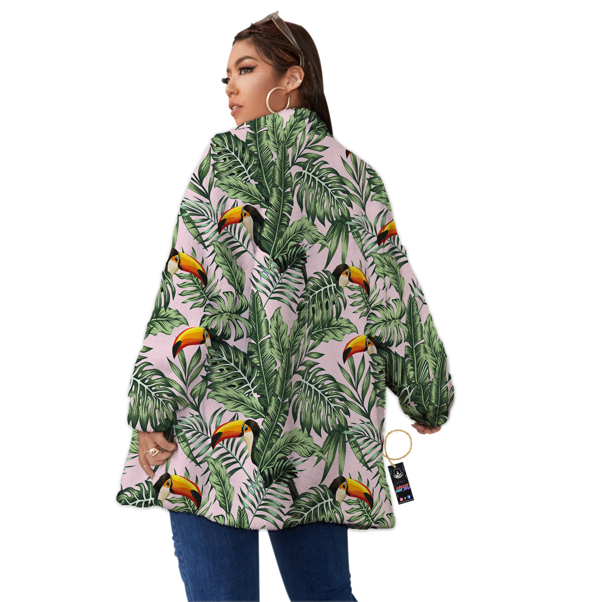 Toucan And Tropical Palm Leaf Print Women's Sherpa Jacket-grizzshop