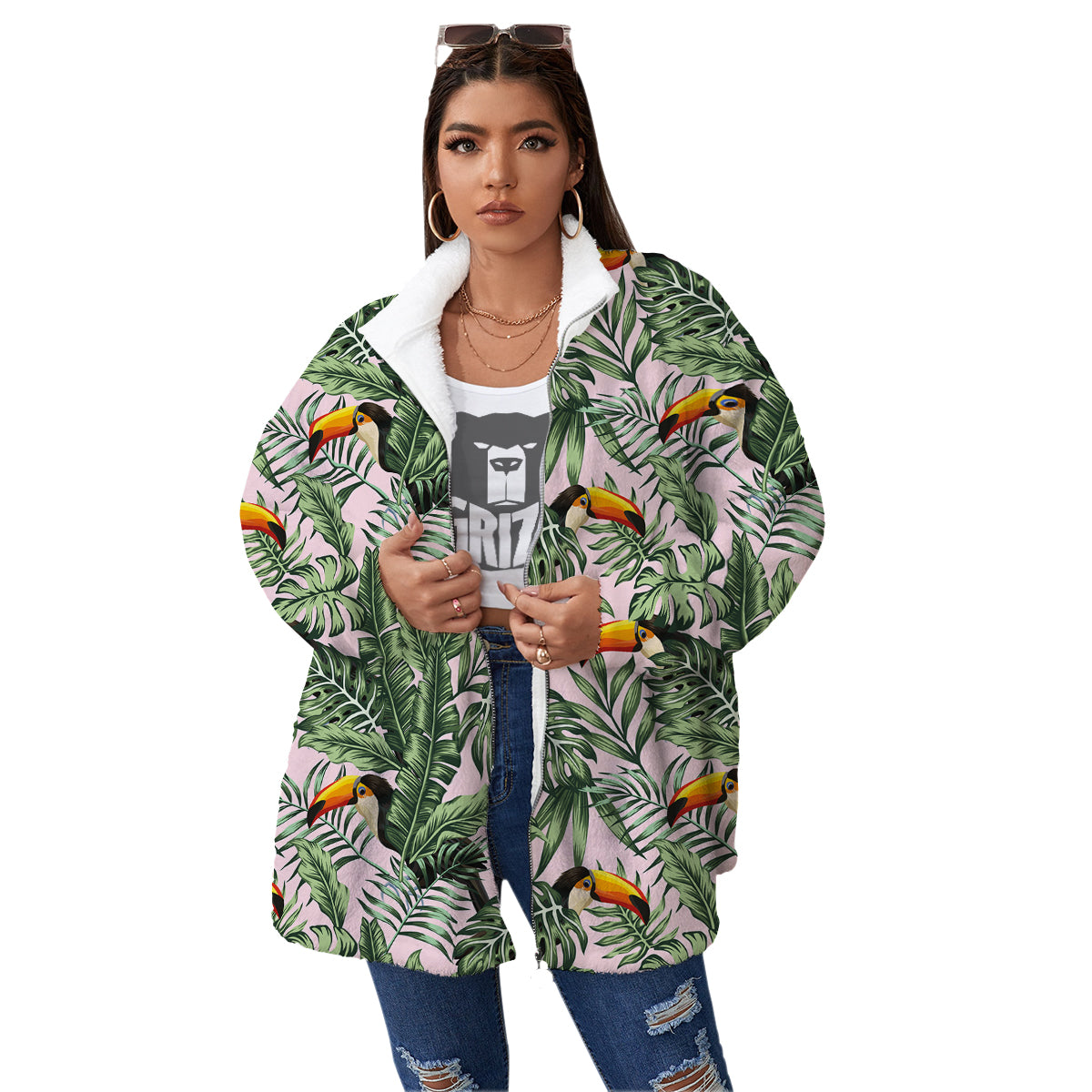 Toucan And Tropical Palm Leaf Print Women's Sherpa Jacket-grizzshop