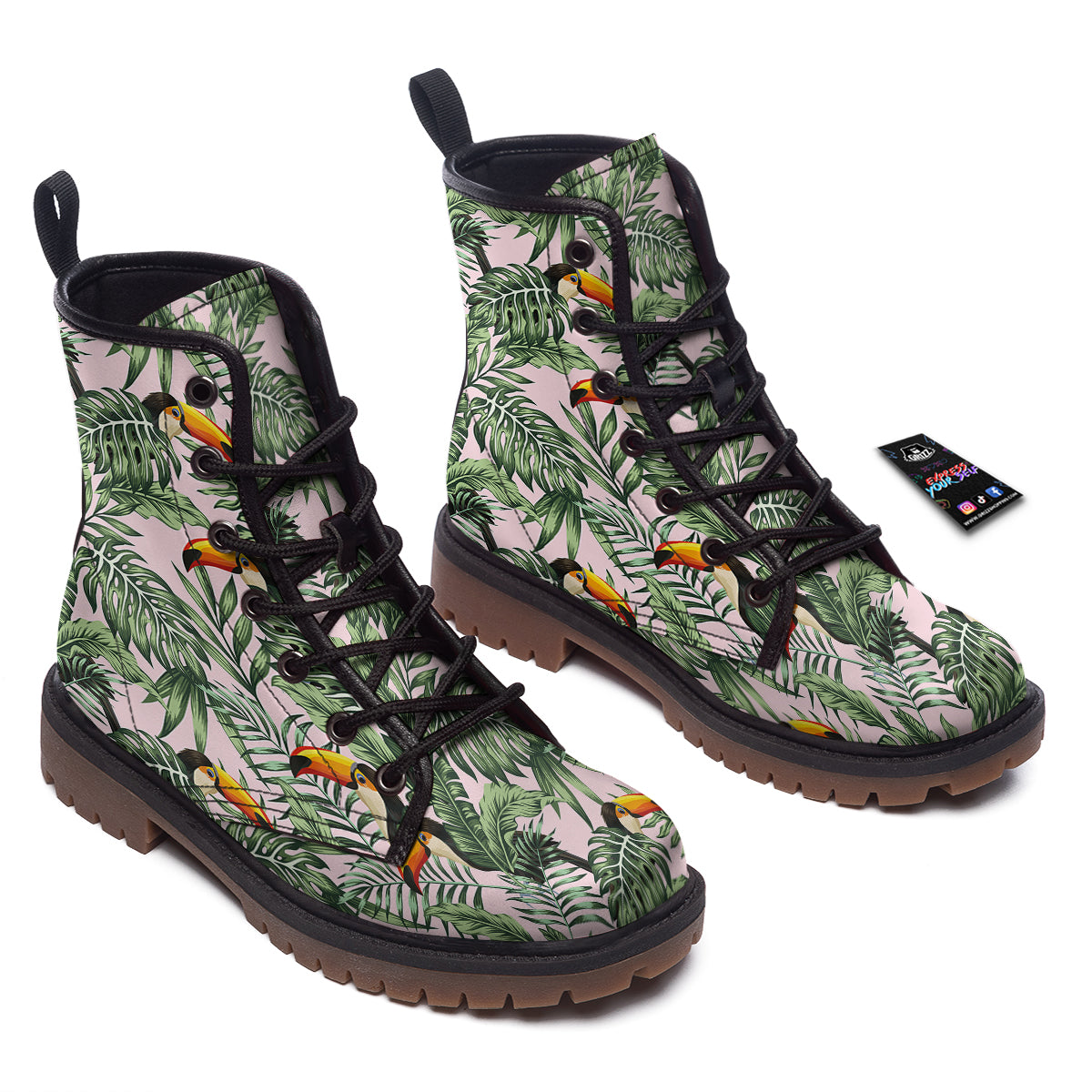 Toucan And Tropical Palm Leaf Print Work Boots-grizzshop