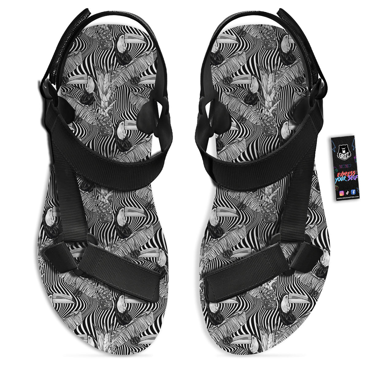 Toucan Black Illusion Print Pattern Black Open Toe Sandals-grizzshop