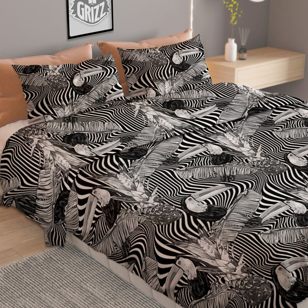 Toucan Black Illusion Print Pattern Duvet Cover Bedding Set