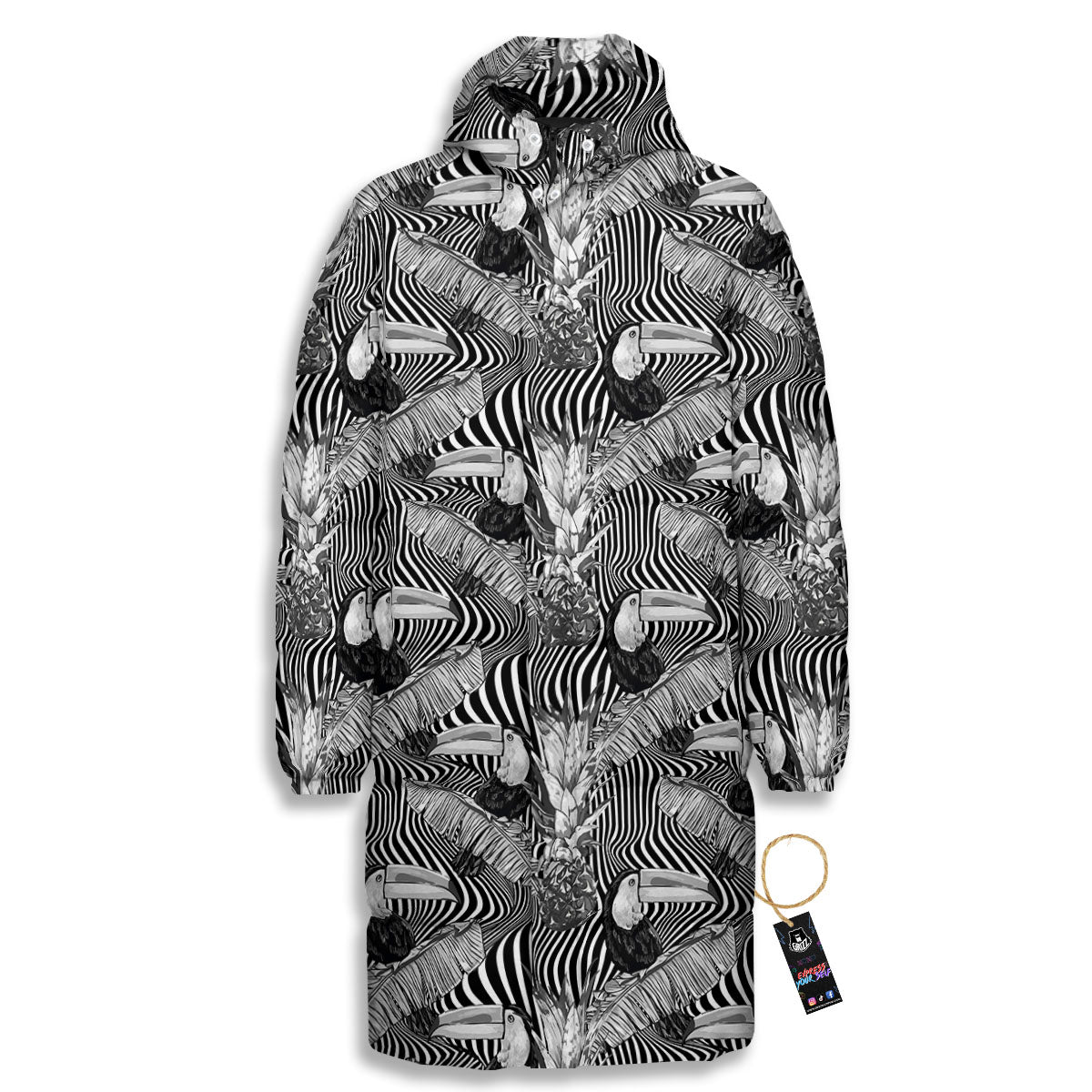 Toucan Black Illusion Print Pattern Long Down Jacket-grizzshop