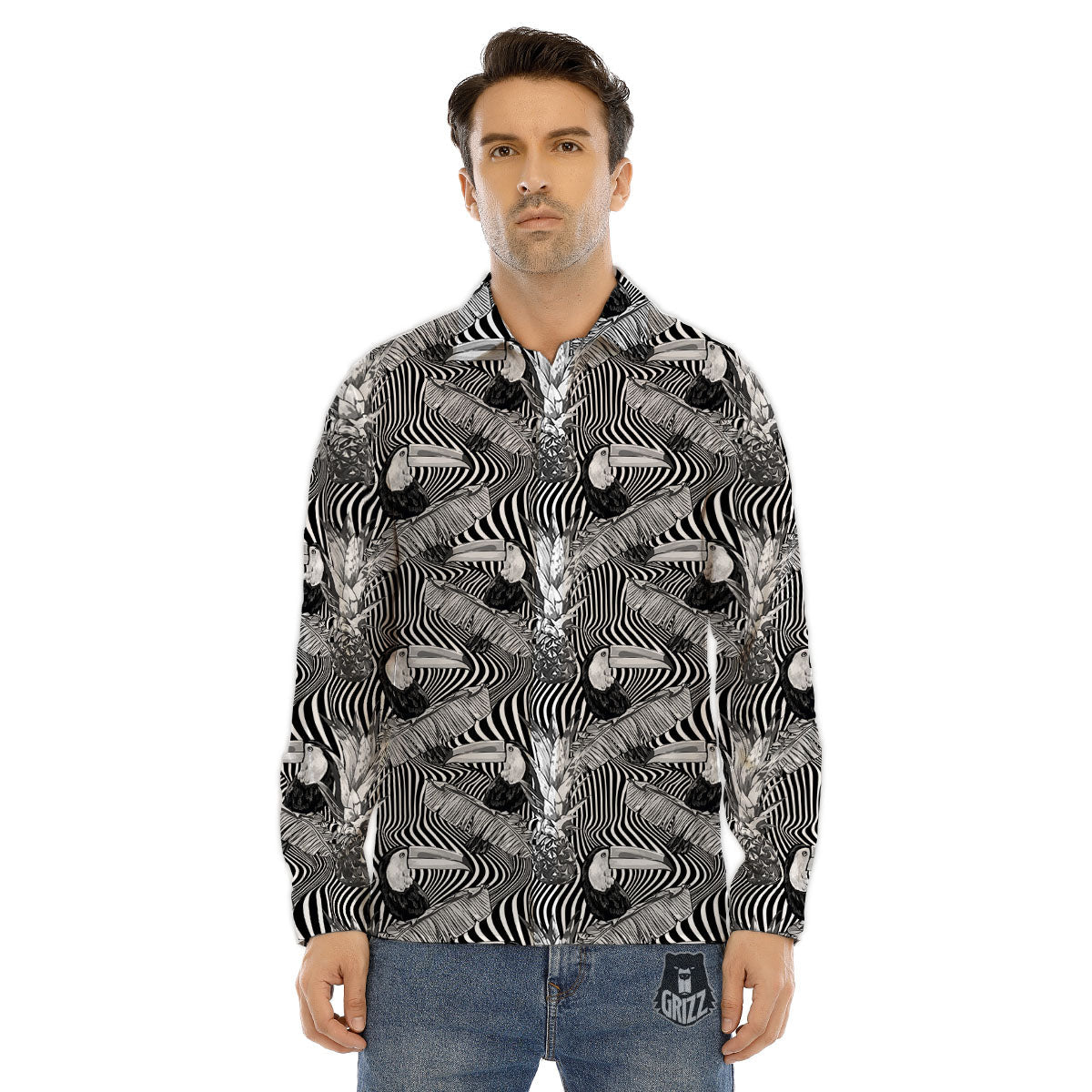 Toucan Black Illusion Print Pattern Men's Dress Shirts-grizzshop