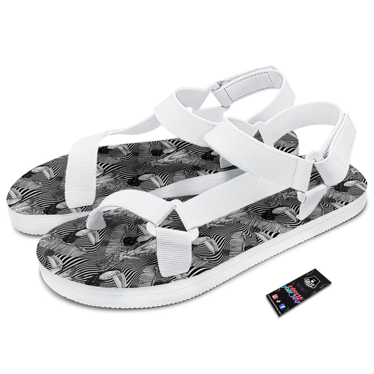 Toucan Black Illusion Print Pattern White Open Toe Sandals-grizzshop