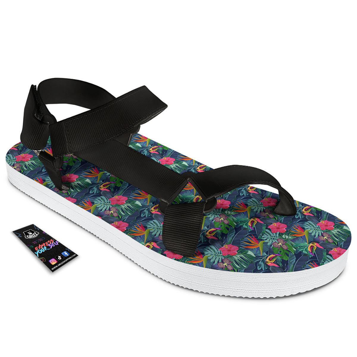 Toucan Exotic Tropical Print Pattern Black Open Toe Sandals-grizzshop