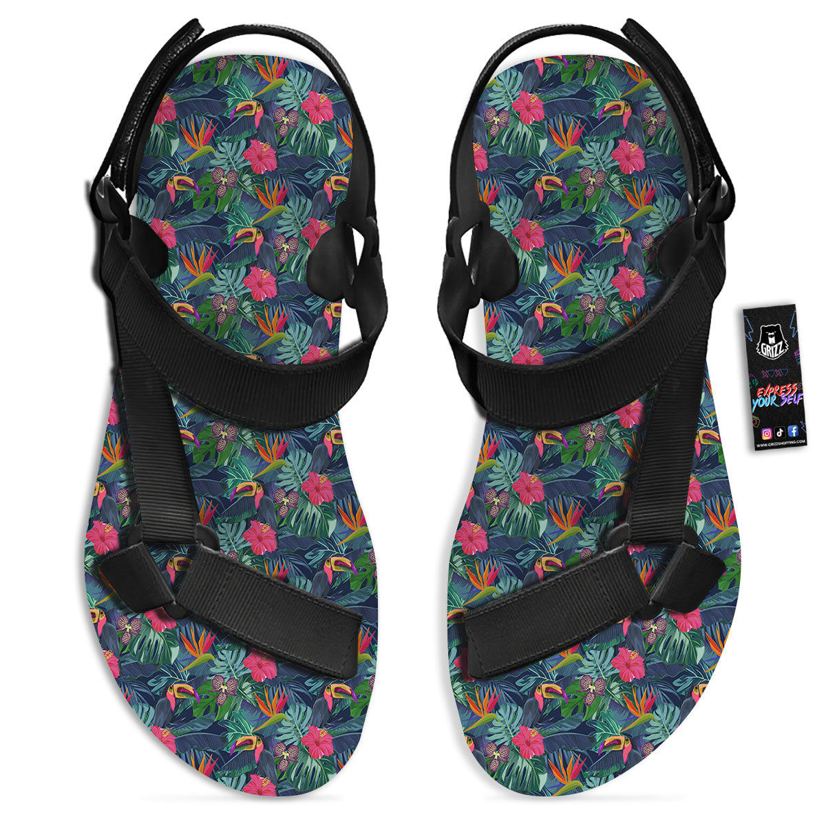Toucan Exotic Tropical Print Pattern Black Open Toe Sandals-grizzshop