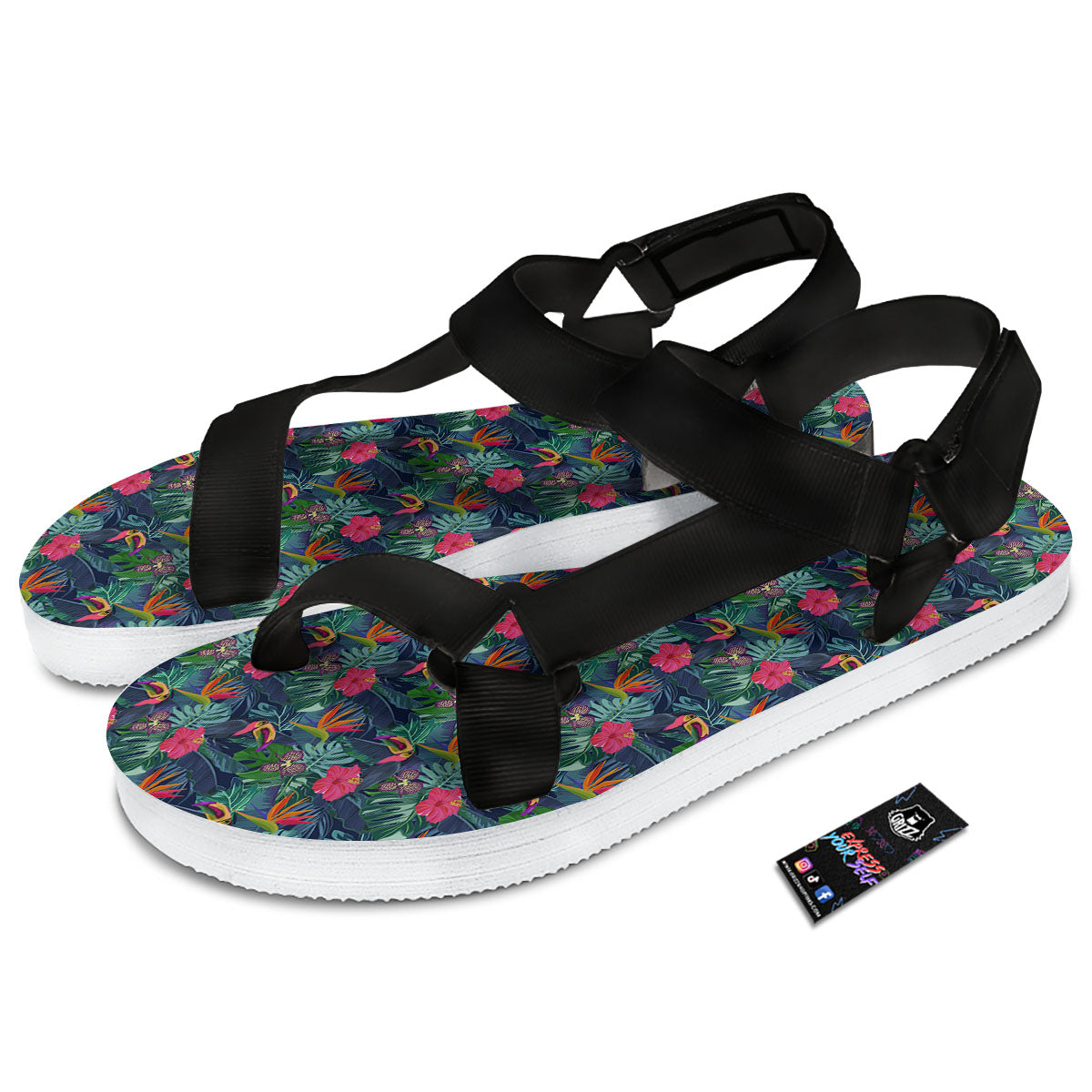 Toucan Exotic Tropical Print Pattern Black Open Toe Sandals-grizzshop