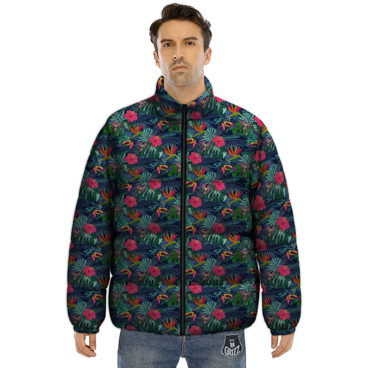 Toucan Exotic Tropical Print Pattern Puffer Jacket-grizzshop