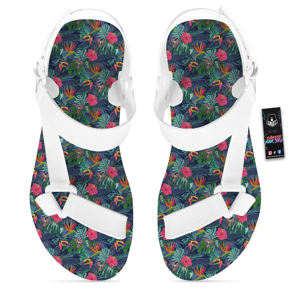 Toucan Exotic Tropical Print Pattern White Open Toe Sandals-grizzshop