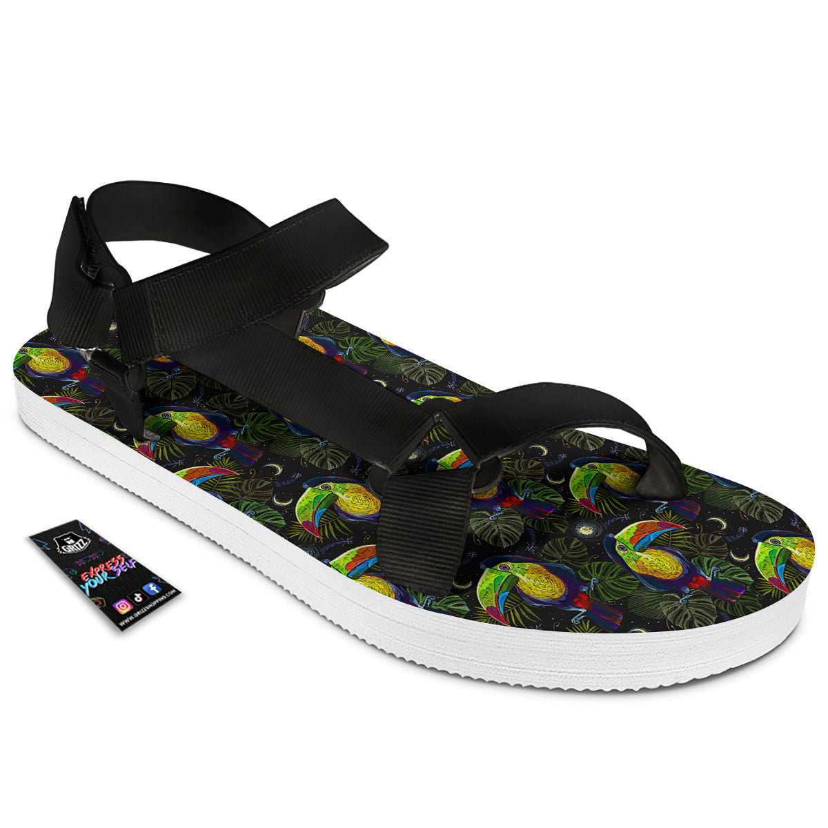 Toucan Keel Billed Tropical Print Pattern Black Open Toe Sandals-grizzshop