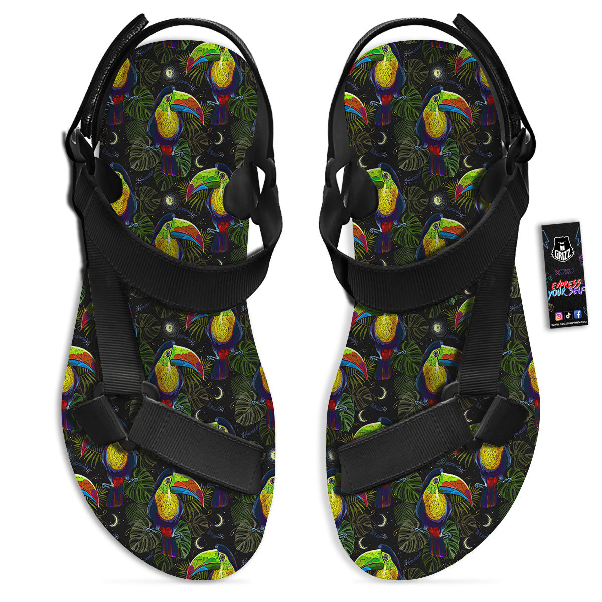 Toucan Keel Billed Tropical Print Pattern Black Open Toe Sandals-grizzshop