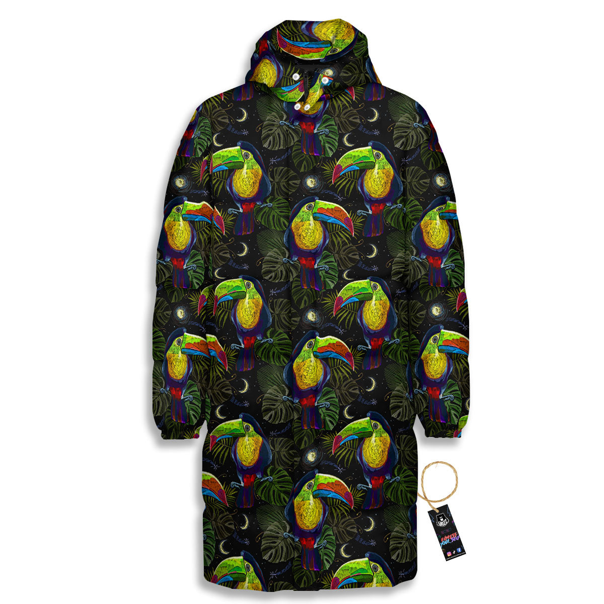 Toucan Keel Billed Tropical Print Pattern Long Down Jacket-grizzshop