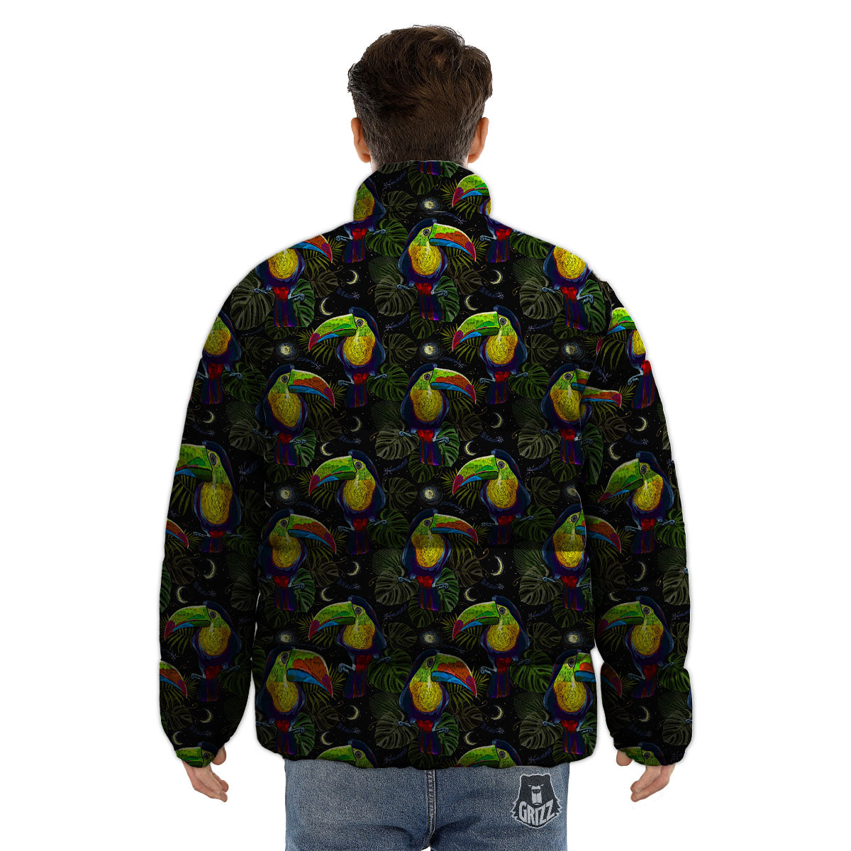 Toucan Keel Billed Tropical Print Pattern Puffer Jacket-grizzshop