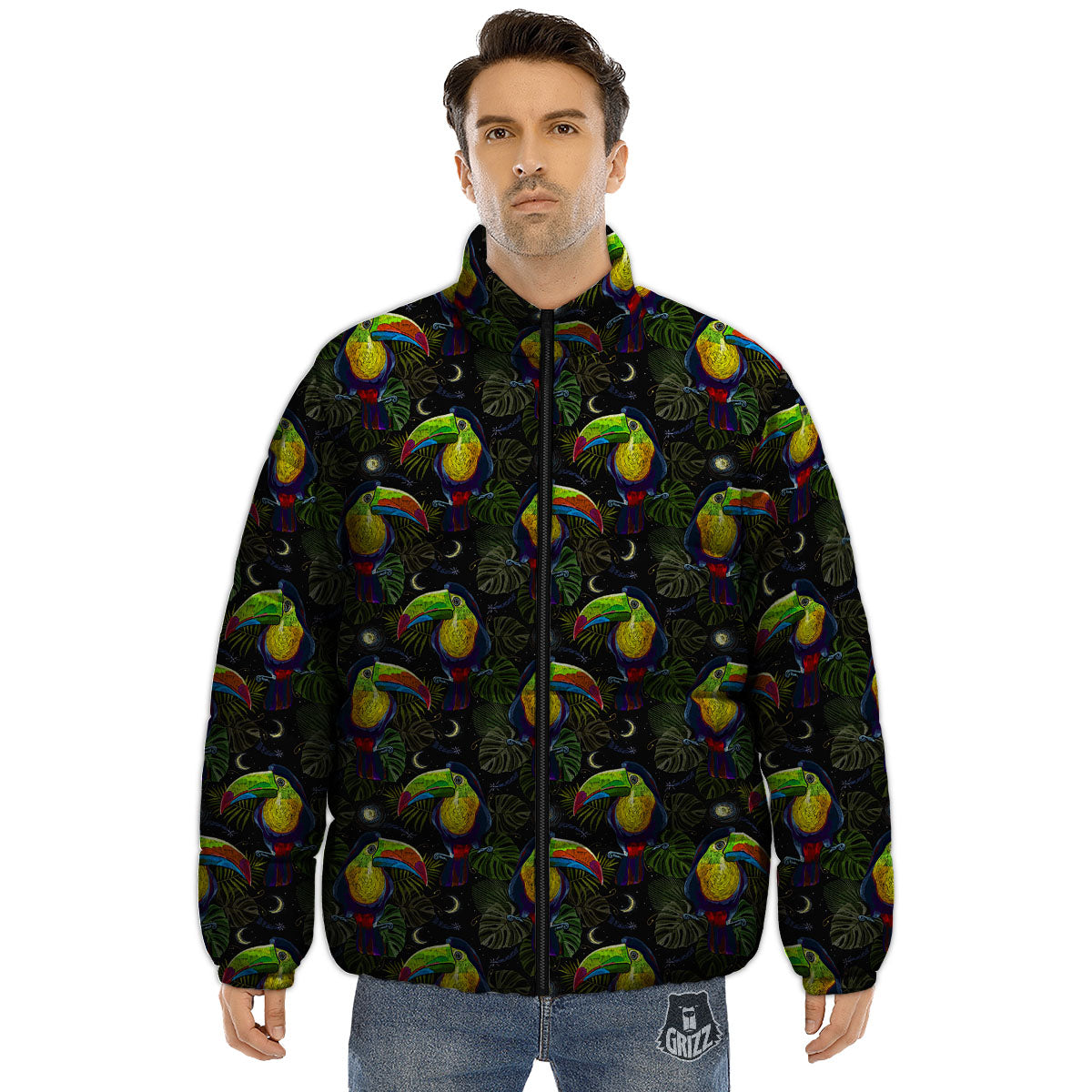 Toucan Keel Billed Tropical Print Pattern Puffer Jacket-grizzshop