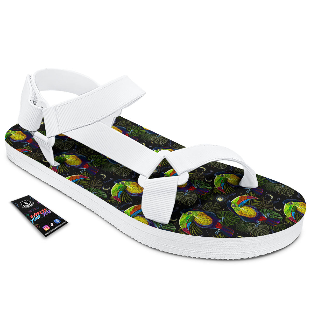 Toucan Keel Billed Tropical Print Pattern White Open Toe Sandals-grizzshop