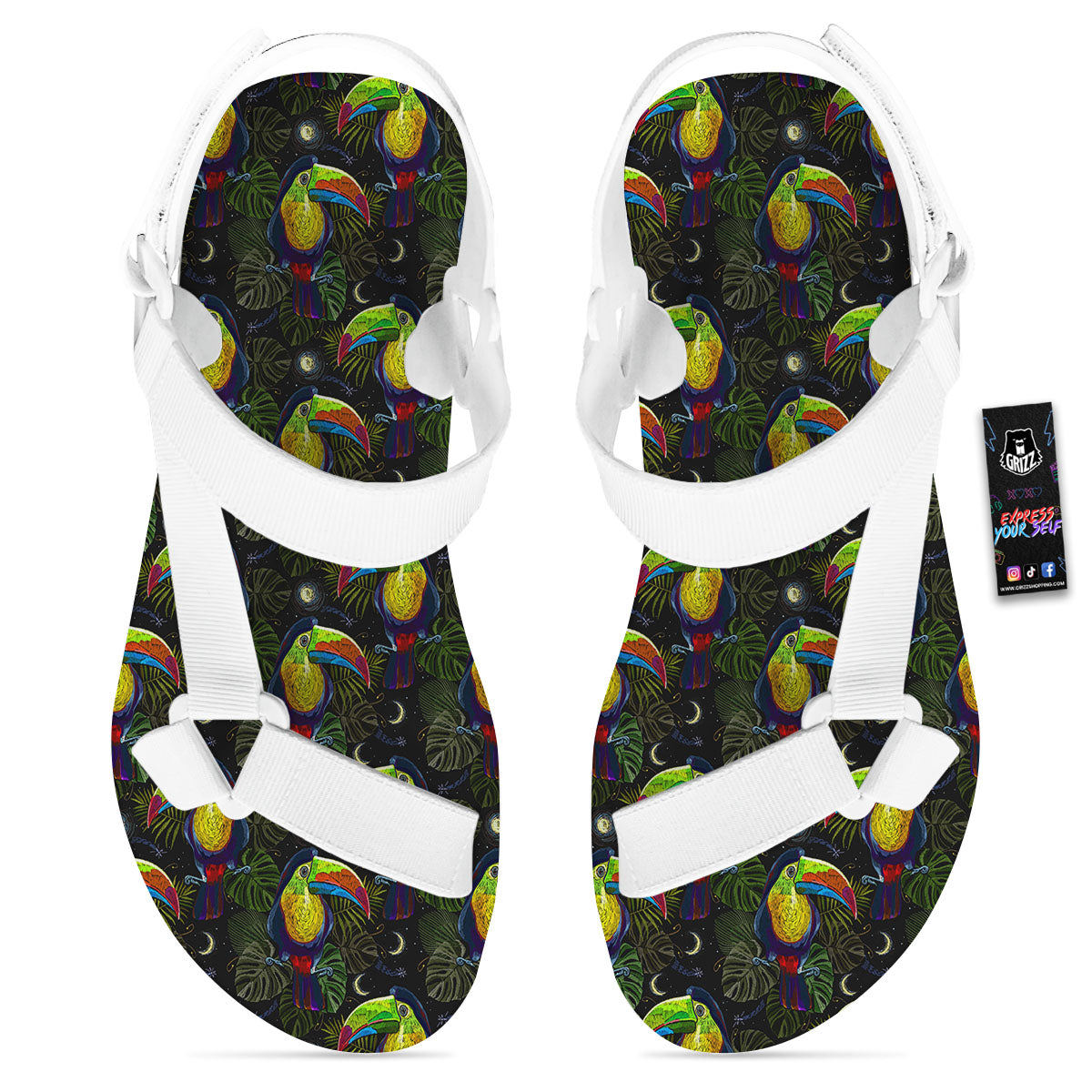 Toucan Keel Billed Tropical Print Pattern White Open Toe Sandals-grizzshop