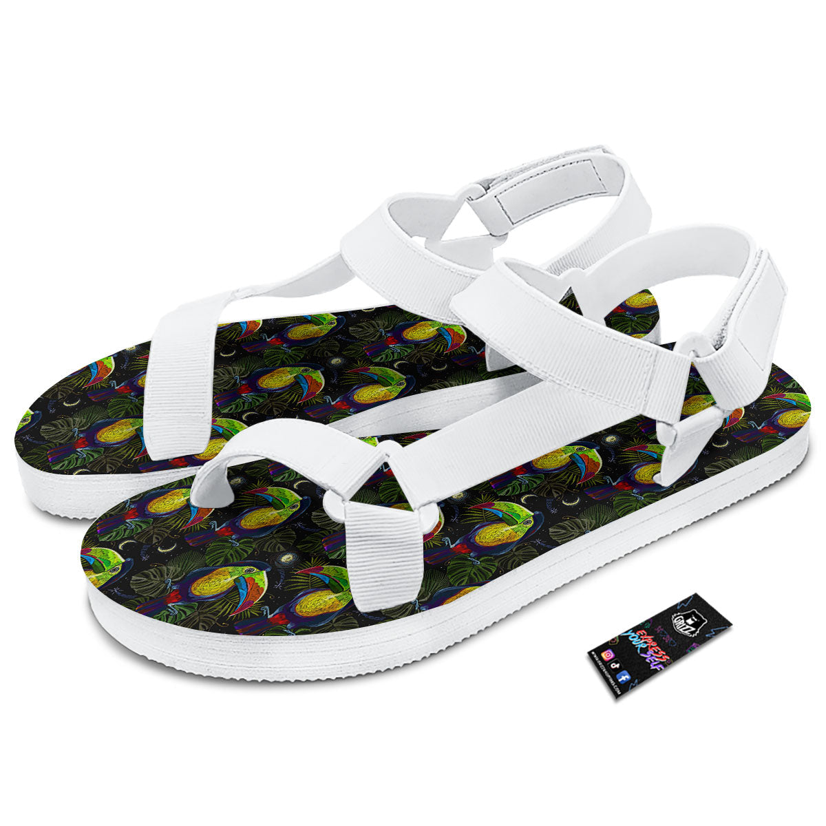 Toucan Keel Billed Tropical Print Pattern White Open Toe Sandals-grizzshop