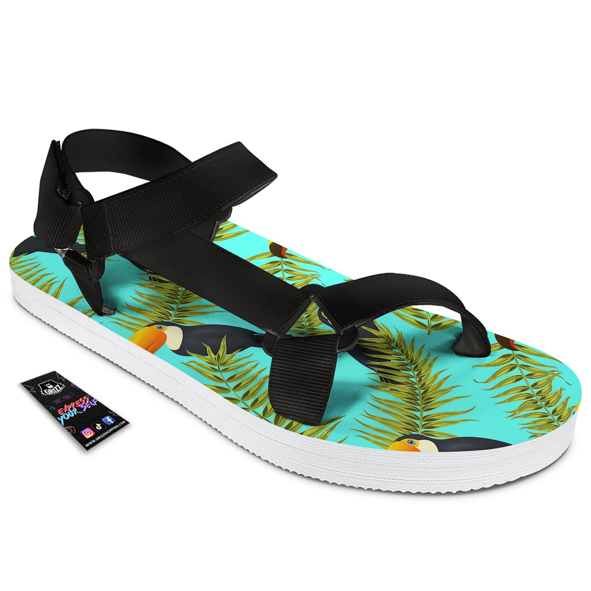 Toucan Toco Print Pattern Black Open Toe Sandals-grizzshop