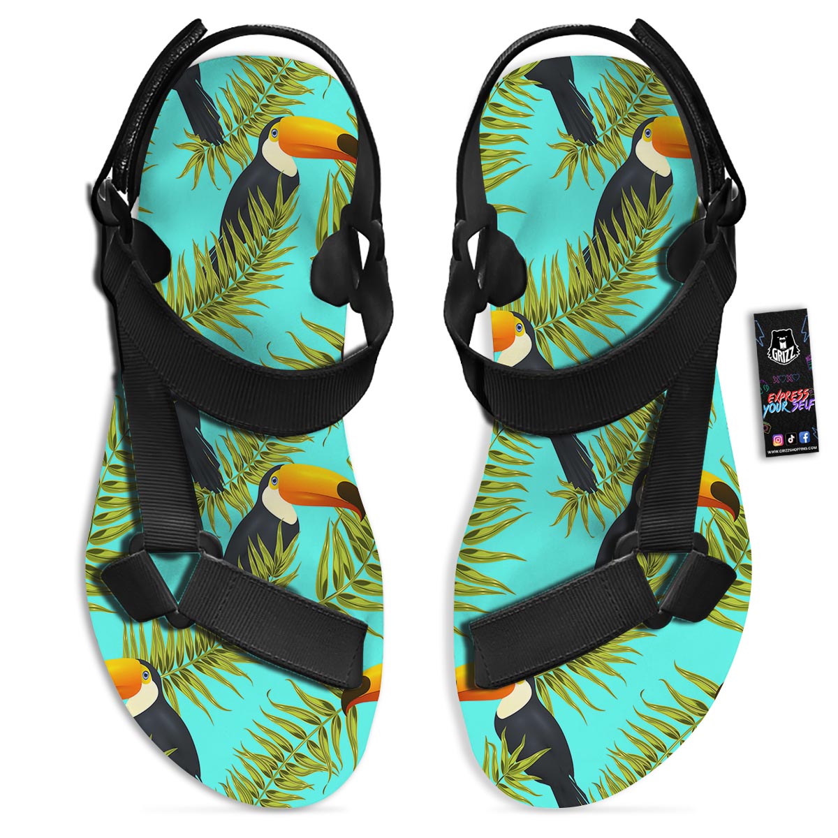 Toucan Toco Print Pattern Black Open Toe Sandals-grizzshop