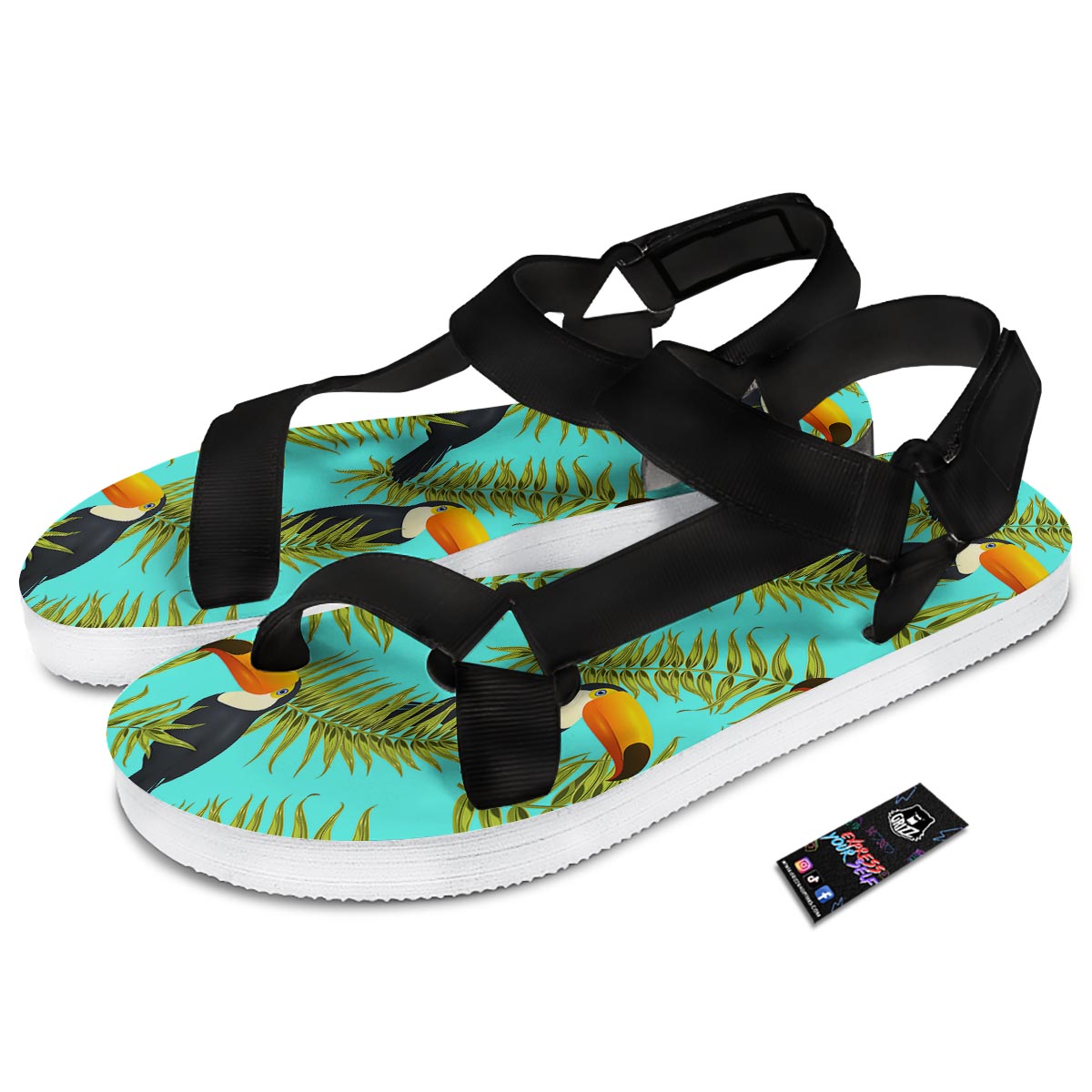 Toucan Toco Print Pattern Black Open Toe Sandals-grizzshop