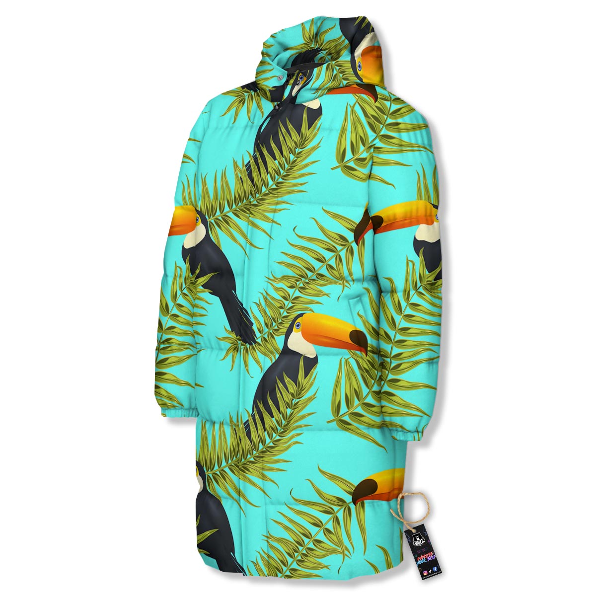 Toucan Toco Print Pattern Long Down Jacket-grizzshop
