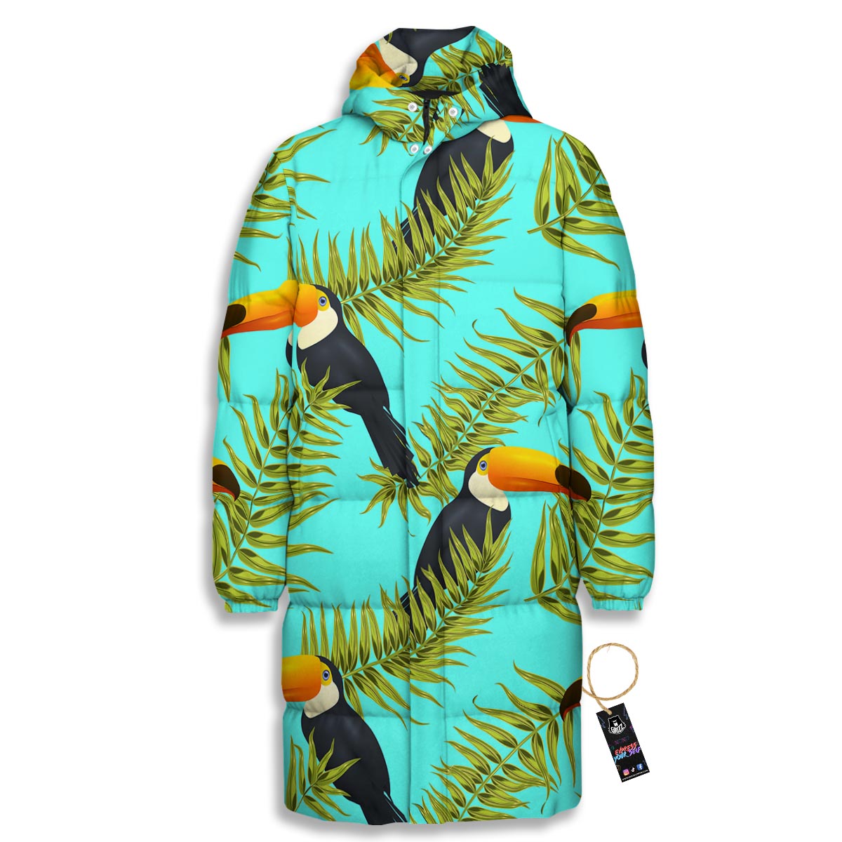 Toucan Toco Print Pattern Long Down Jacket-grizzshop