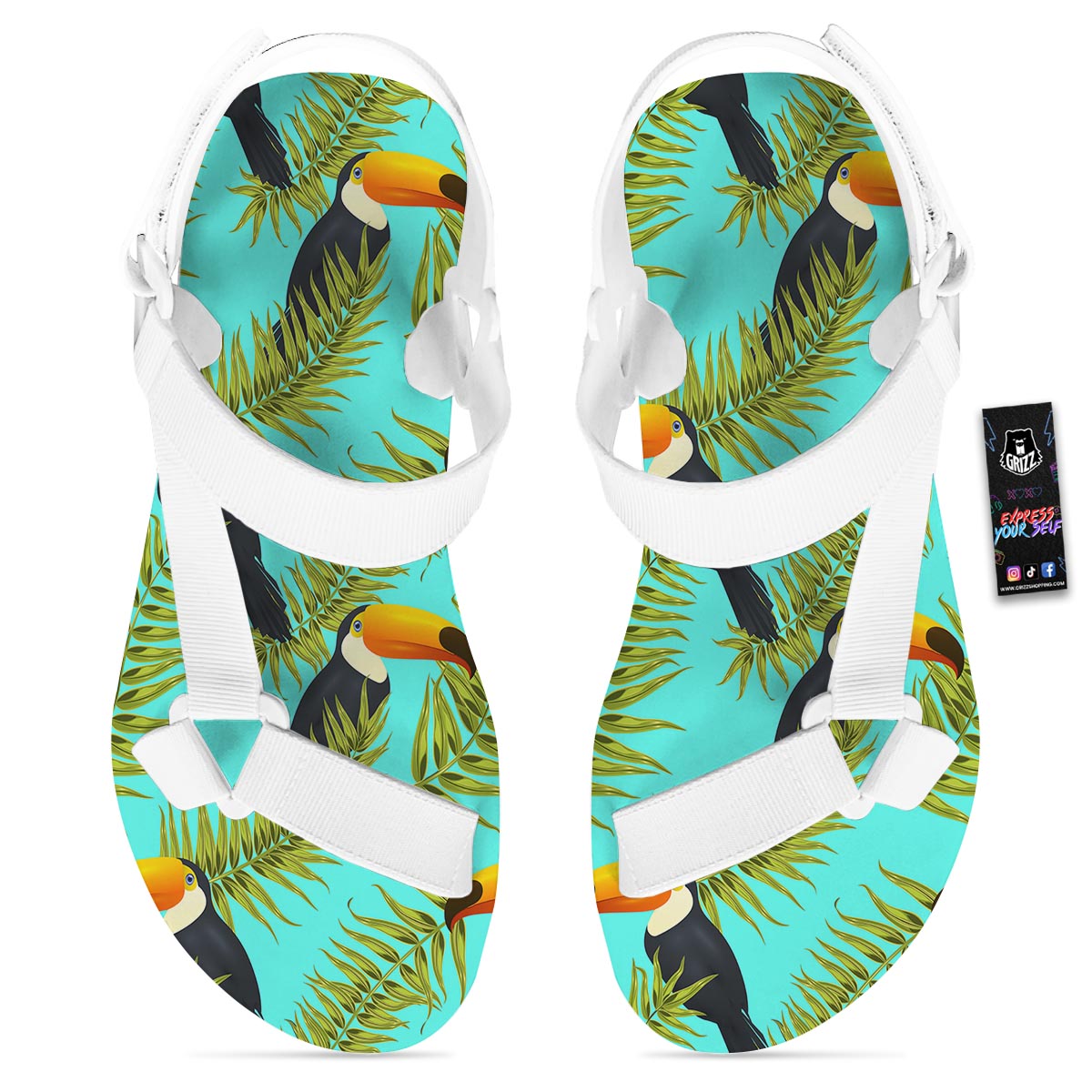 Toucan Toco Print Pattern White Open Toe Sandals-grizzshop