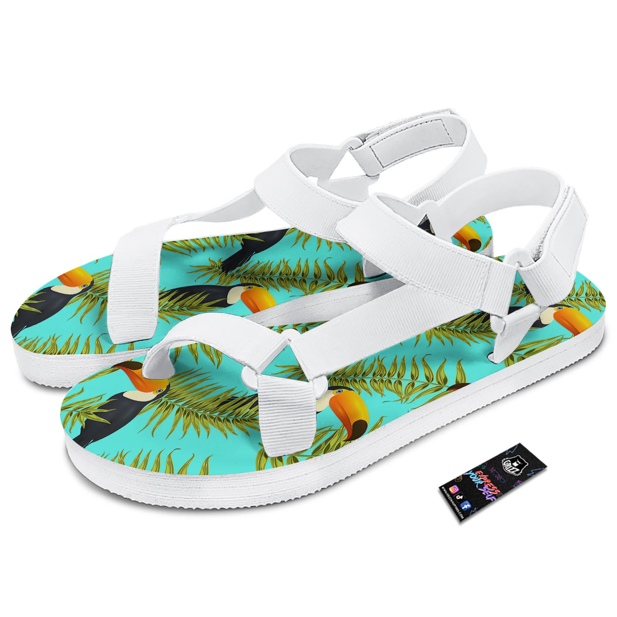 Toucan Toco Print Pattern White Open Toe Sandals-grizzshop