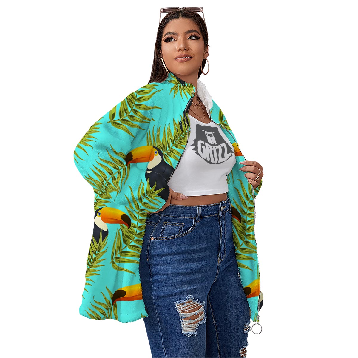 Toucan Toco Print Pattern Women's Sherpa Jacket-grizzshop