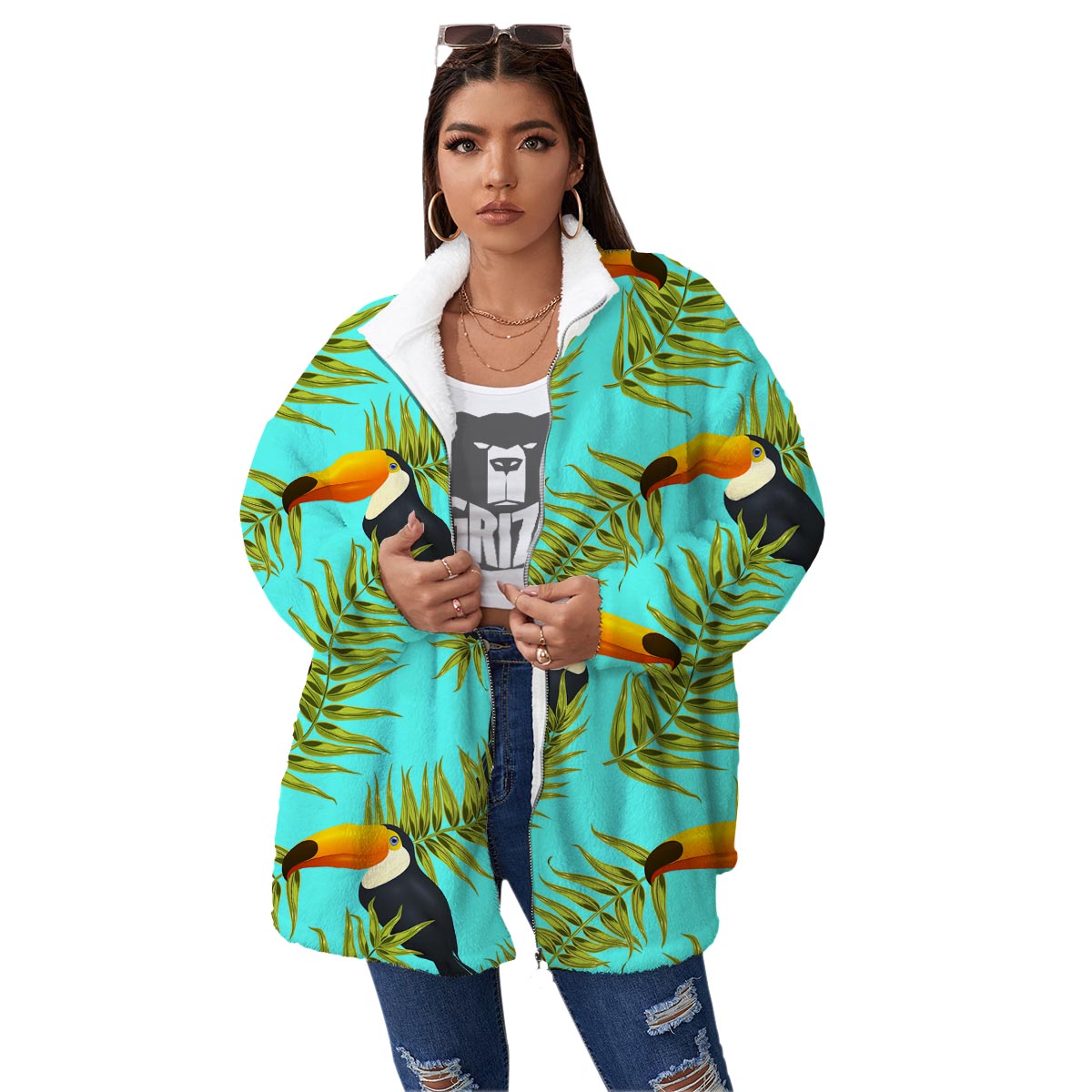 Toucan Toco Print Pattern Women's Sherpa Jacket-grizzshop