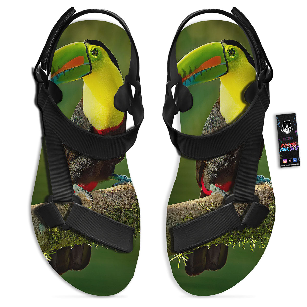Toucan Tropical Toco Print Black Open Toe Sandals-grizzshop