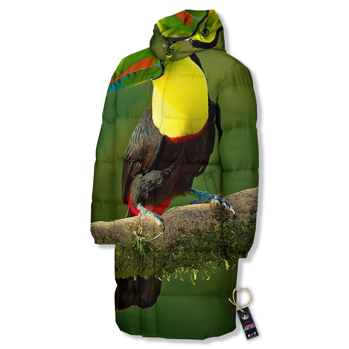 Toucan Tropical Toco Print Long Down Jacket-grizzshop
