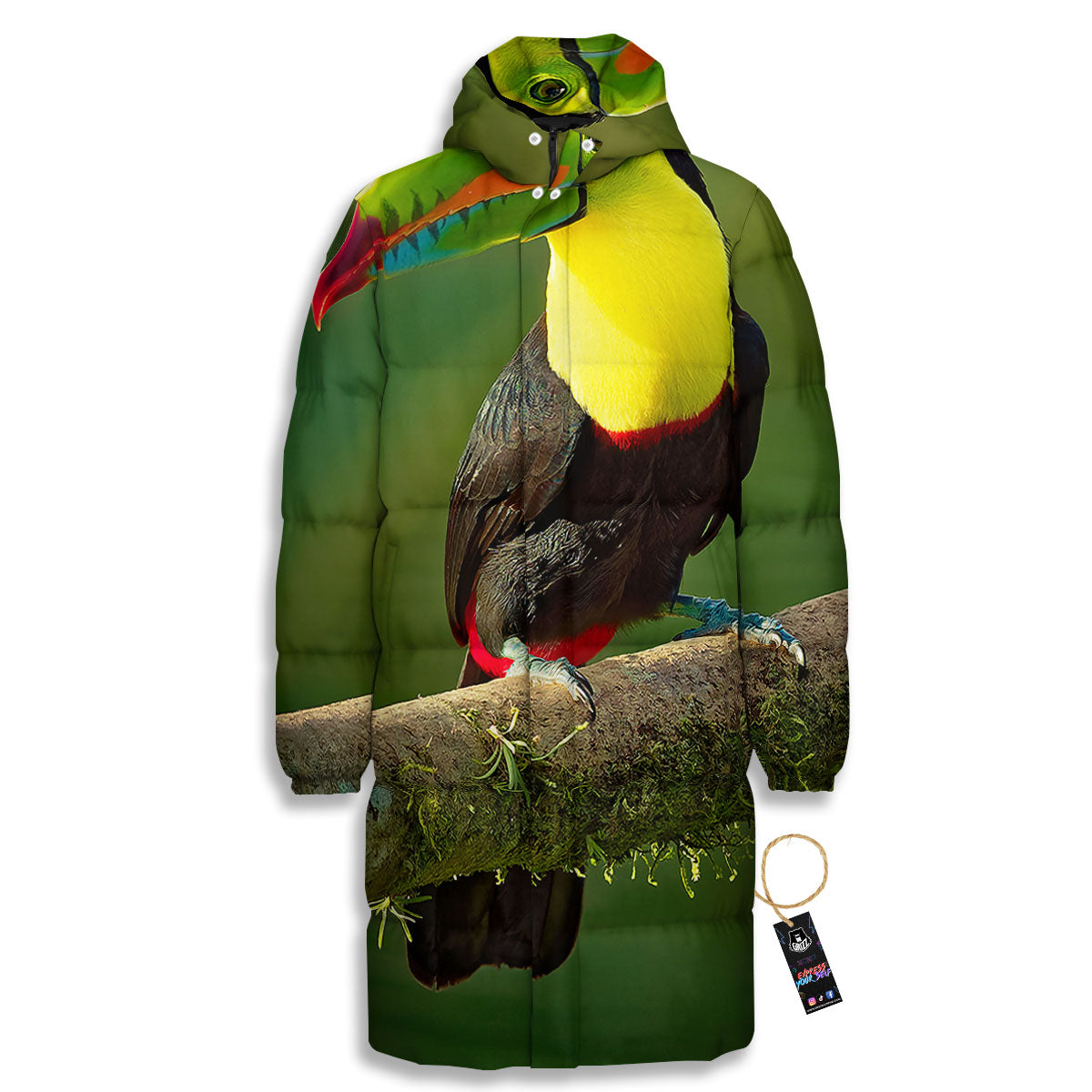 Toucan Tropical Toco Print Long Down Jacket-grizzshop