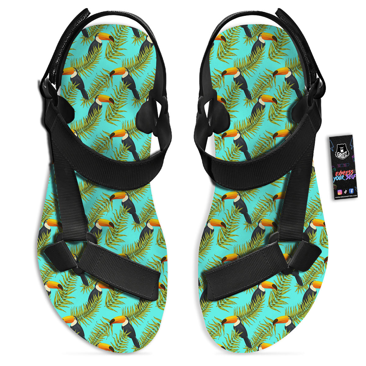 Toucan Tropical Toco Print Pattern Black Open Toe Sandals-grizzshop