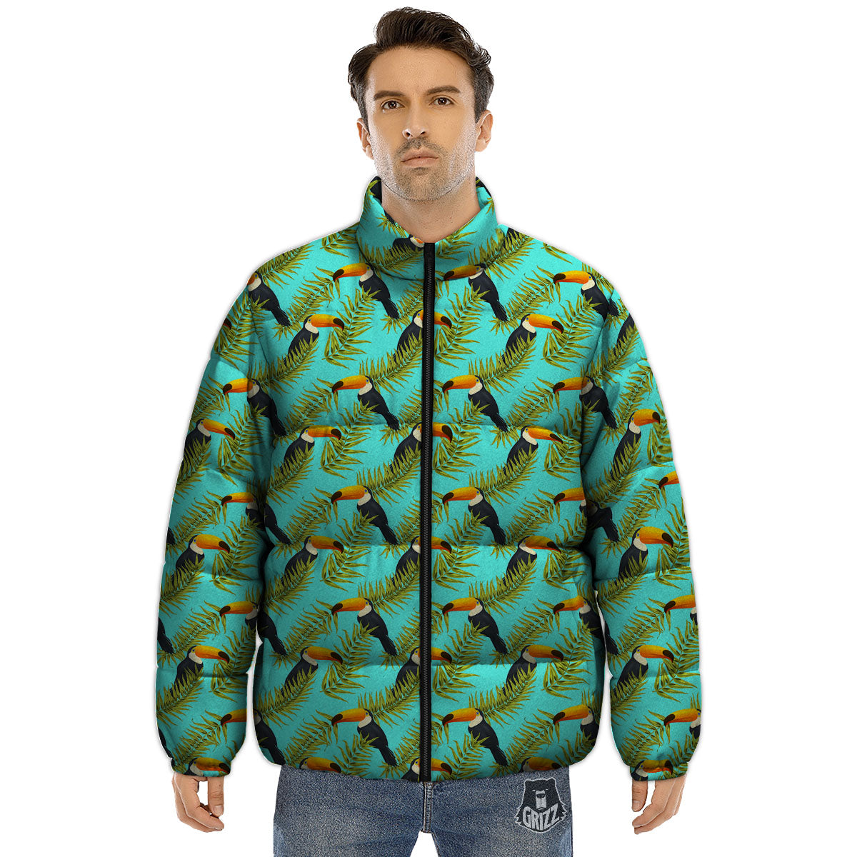 Toucan Tropical Toco Print Pattern Puffer Jacket-grizzshop