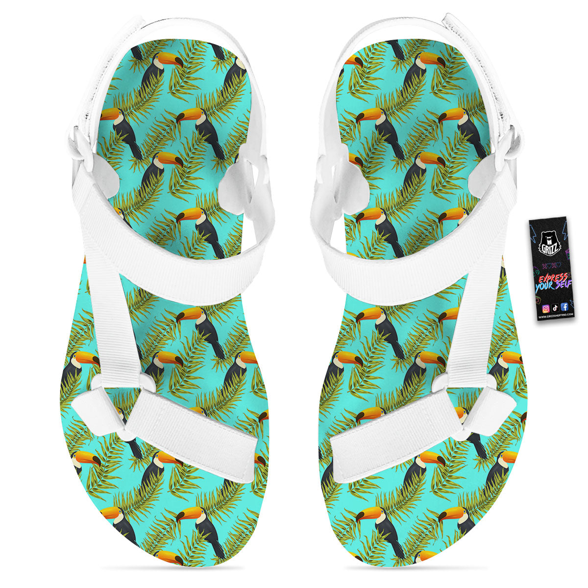 Toucan Tropical Toco Print Pattern White Open Toe Sandals-grizzshop