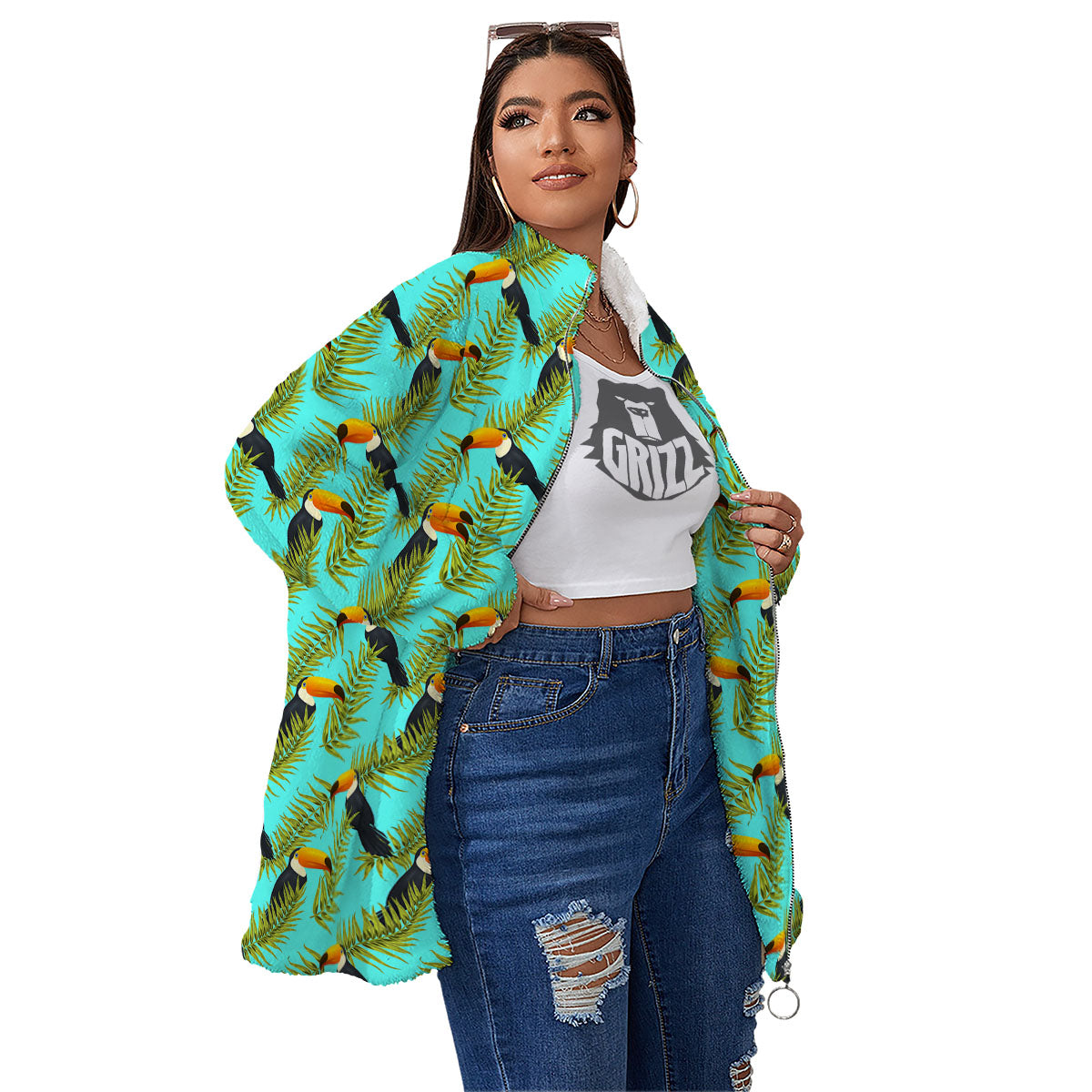 Toucan Tropical Toco Print Pattern Women's Sherpa Jacket-grizzshop