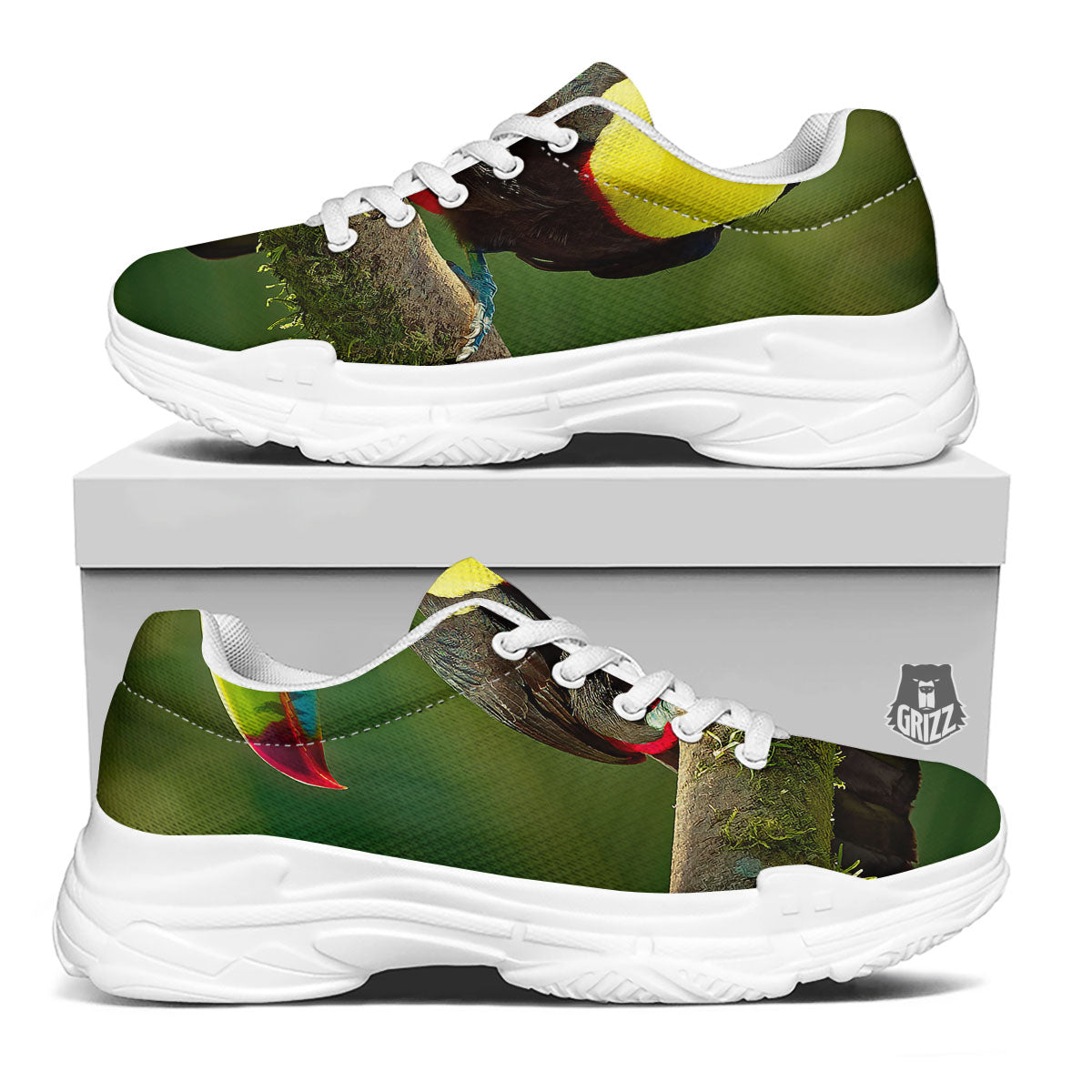 Toucan Tropical Toco Print White Chunky Shoes-grizzshop
