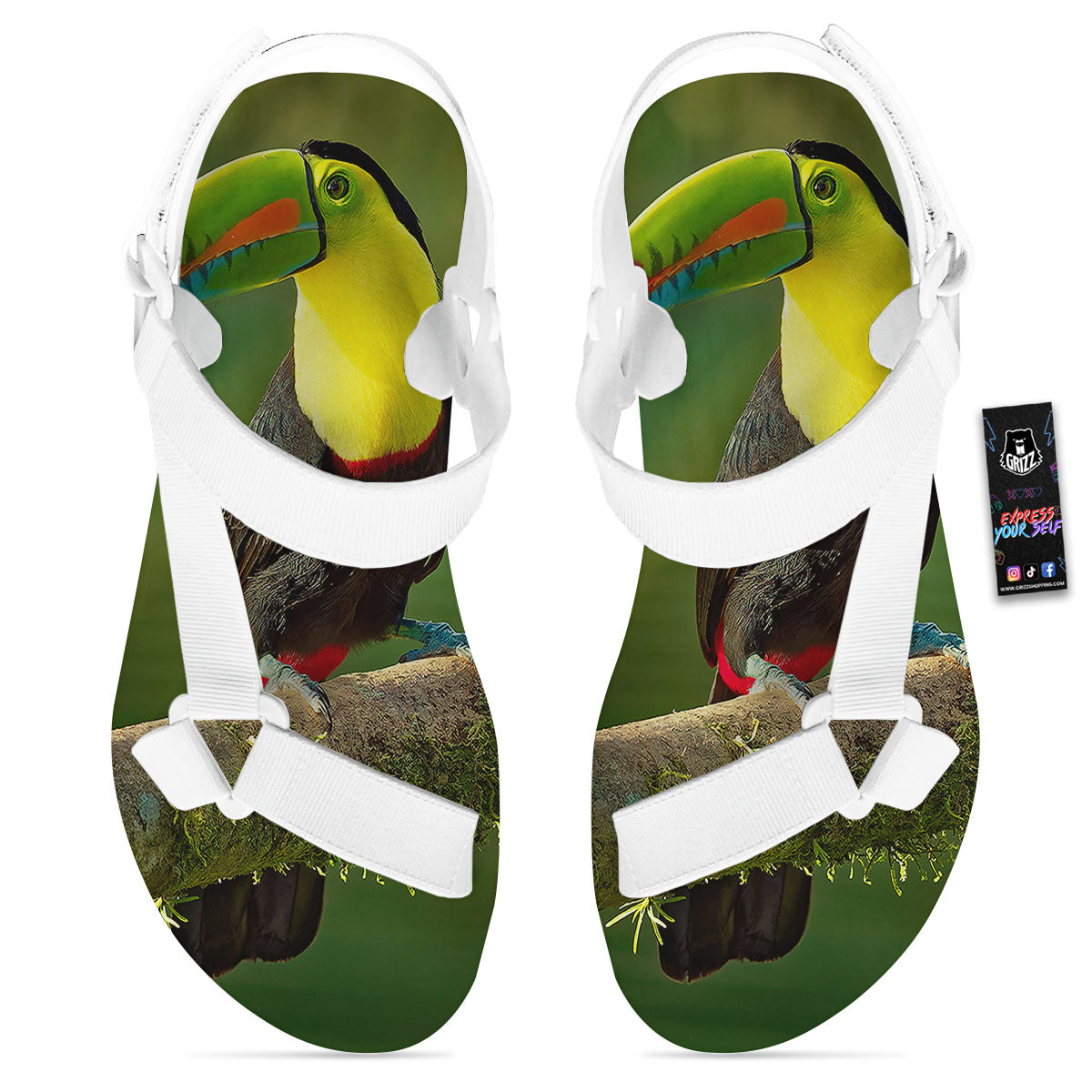 Toucan Tropical Toco Print White Open Toe Sandals-grizzshop