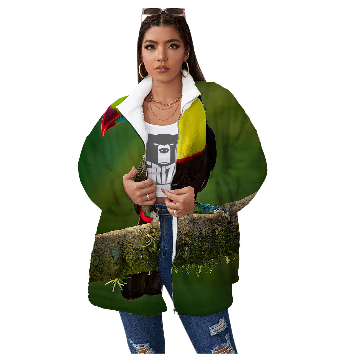 Toucan Tropical Toco Print Women's Sherpa Jacket-grizzshop