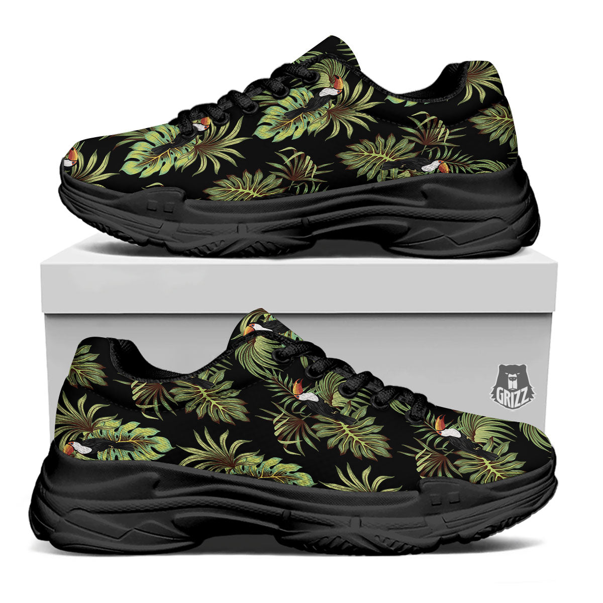 Toucan Vintage Print Pattern Black Chunky Shoes-grizzshop