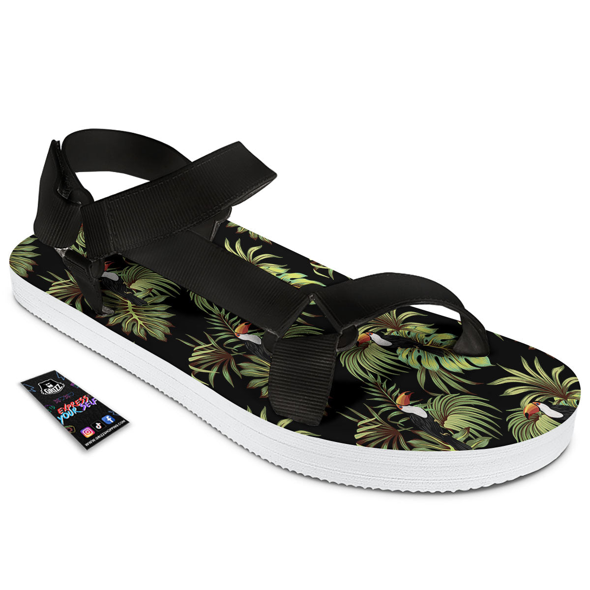 Toucan Vintage Print Pattern Black Open Toe Sandals-grizzshop