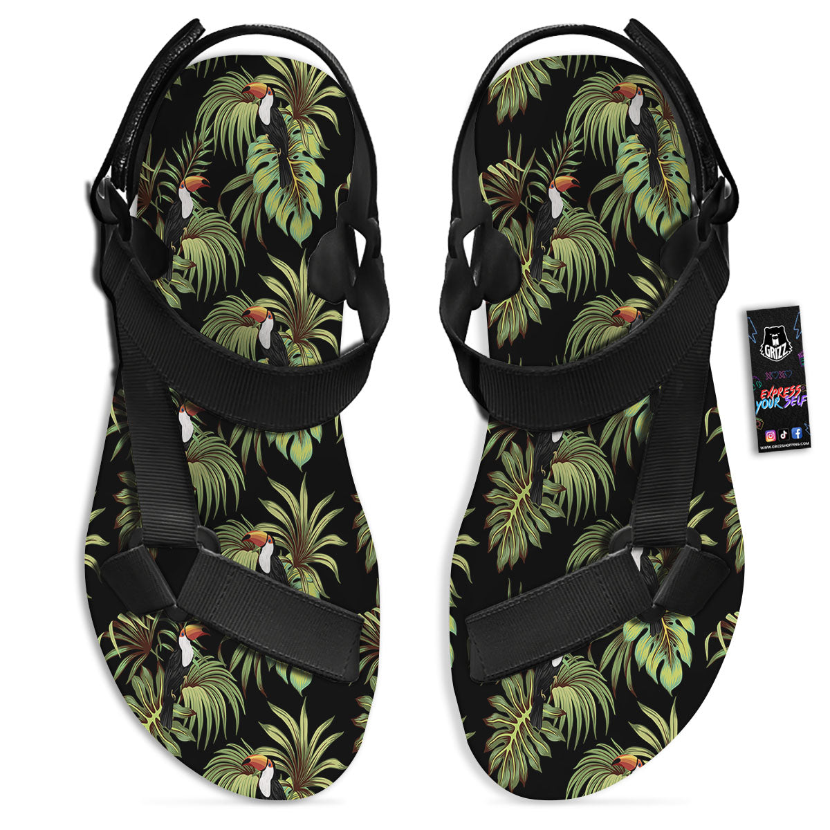 Toucan Vintage Print Pattern Black Open Toe Sandals-grizzshop