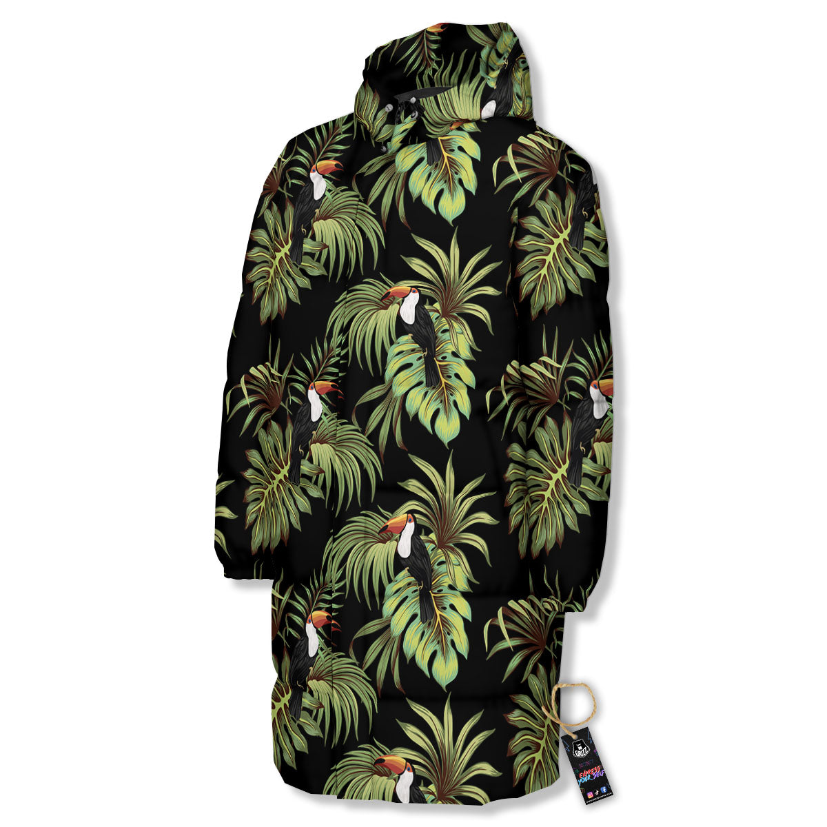 Toucan Vintage Print Pattern Long Down Jacket-grizzshop